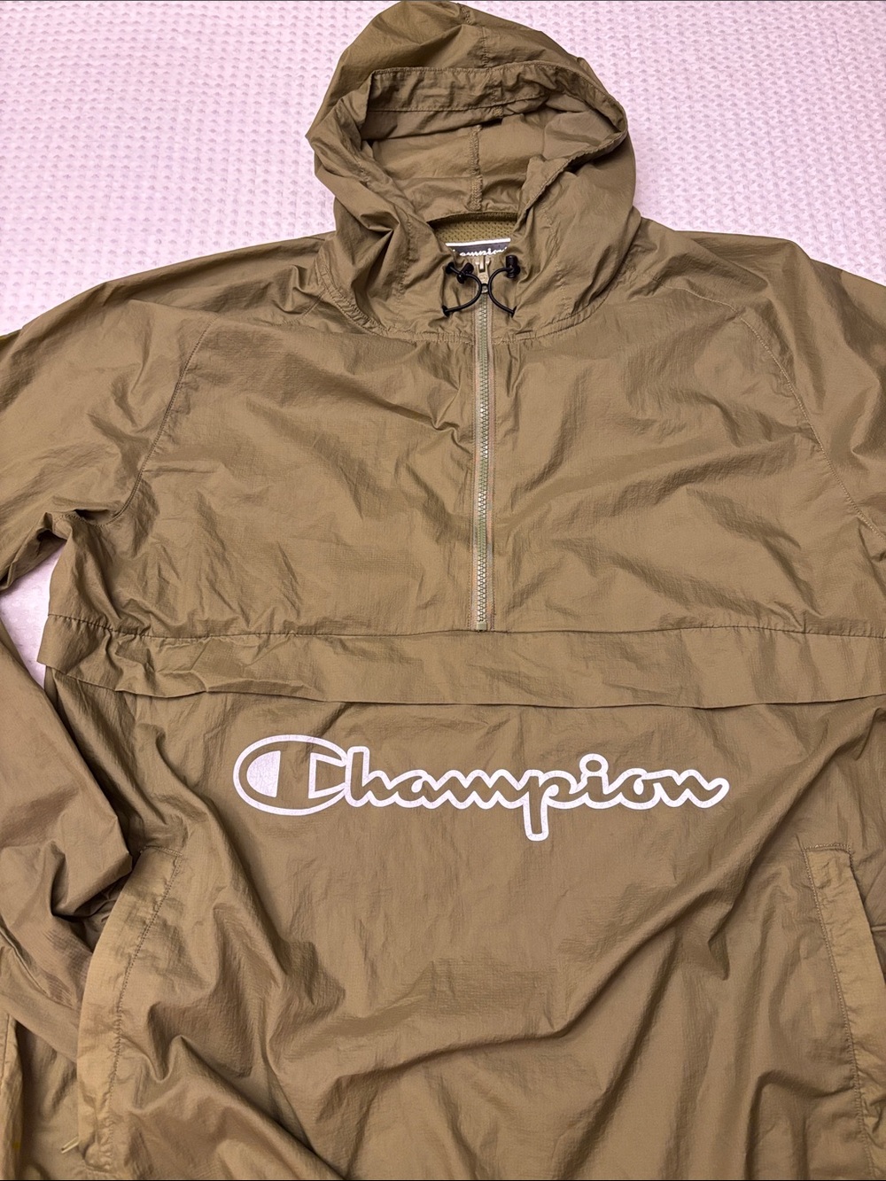 Champion Size XL Olive Green Hooded 1/4 Zip Pullover Lightweight Windbreaker
